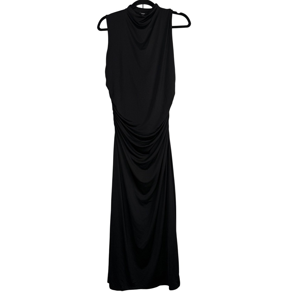 Express Black Mock Neck Maxi Dress Ruched Side Sleeveless‎ 90s Minimalist NWT L